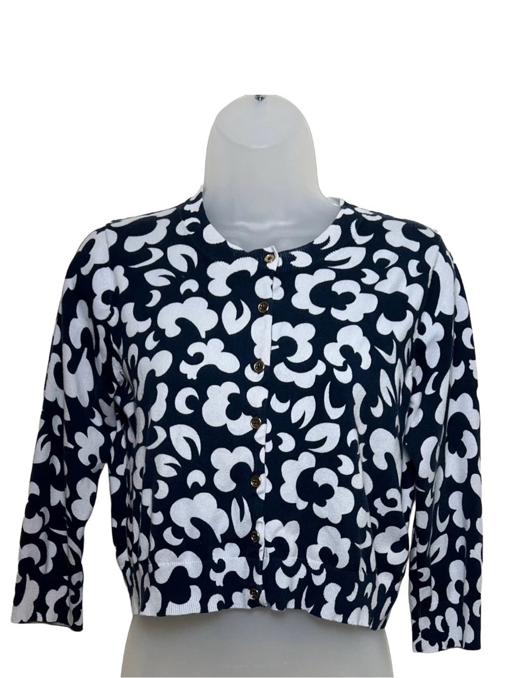Boden Navy & White Abstract Floral Eldon Crop Cardigan - Size Small